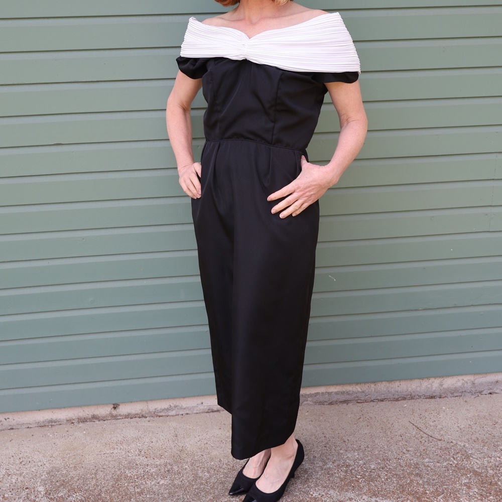 Vintage black formal dress with white shoulder details, size medium